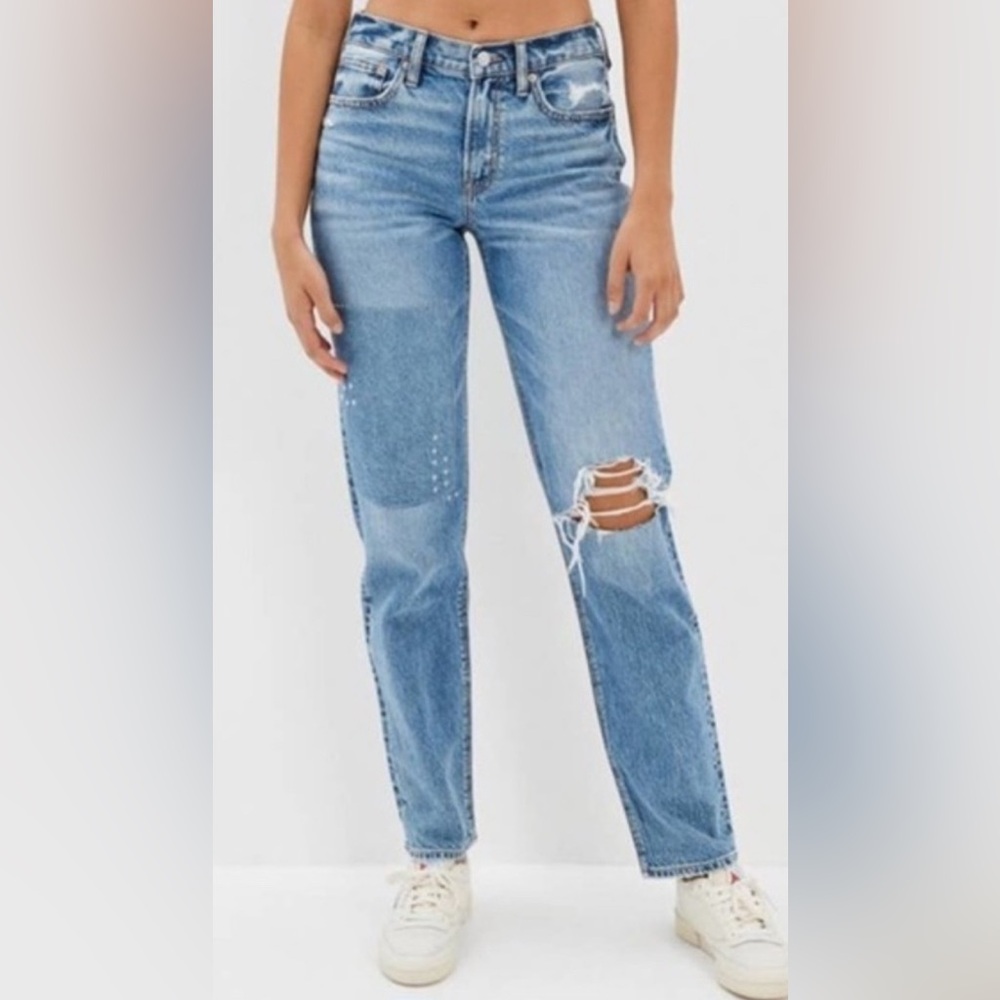 American Eagle 90s Straight Jeans Distressed Embroidered 10